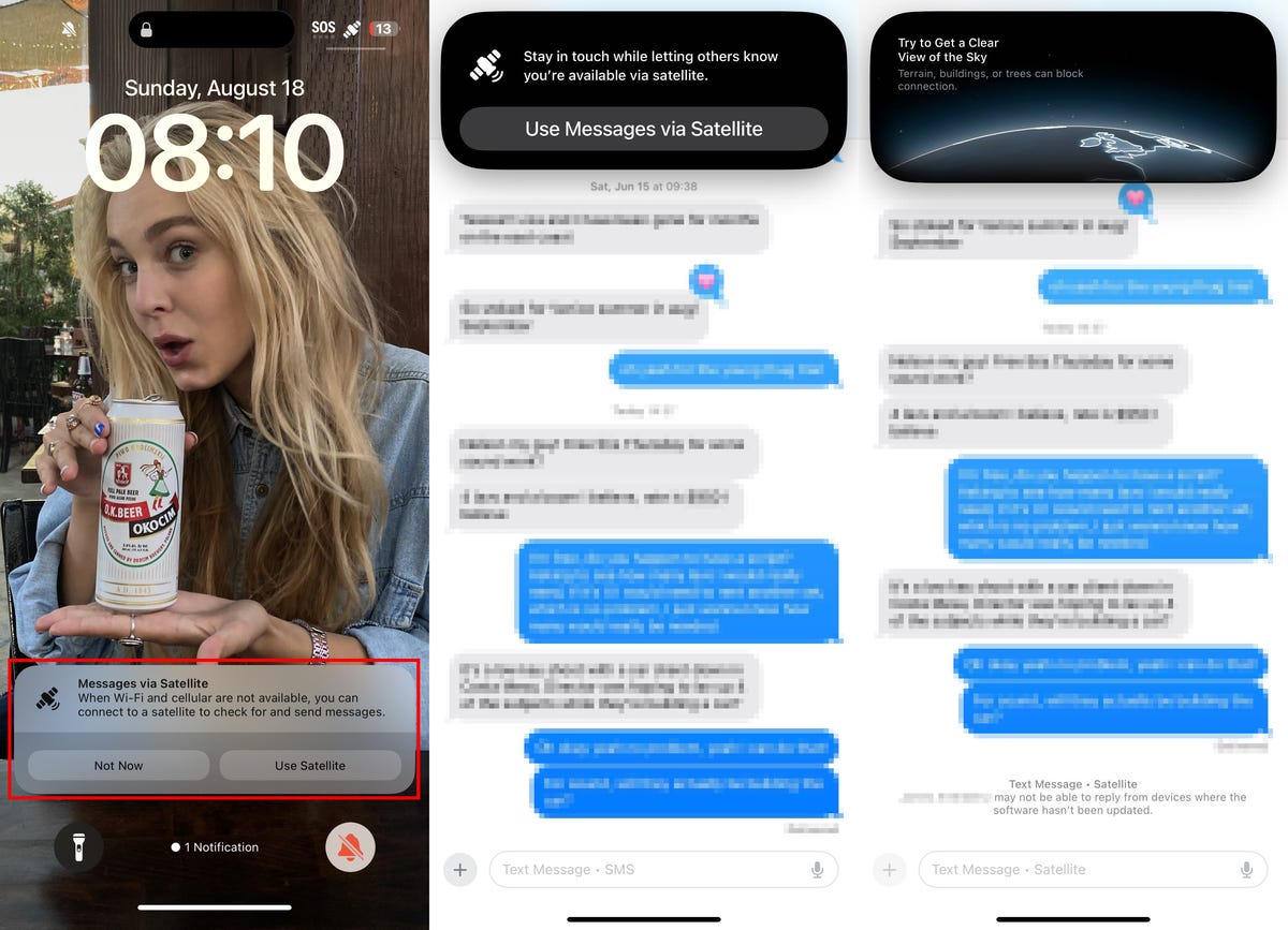 Dos capturas de pantalla de iPhone que muestran mensajes de texto vía satélite.
